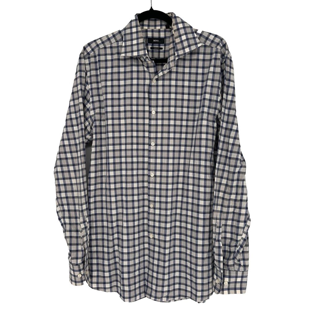 Hugo Boss Sharp Fit Mens Button Down Shirt Size 16.5 34/35 Blue Plaid LS Preppy
